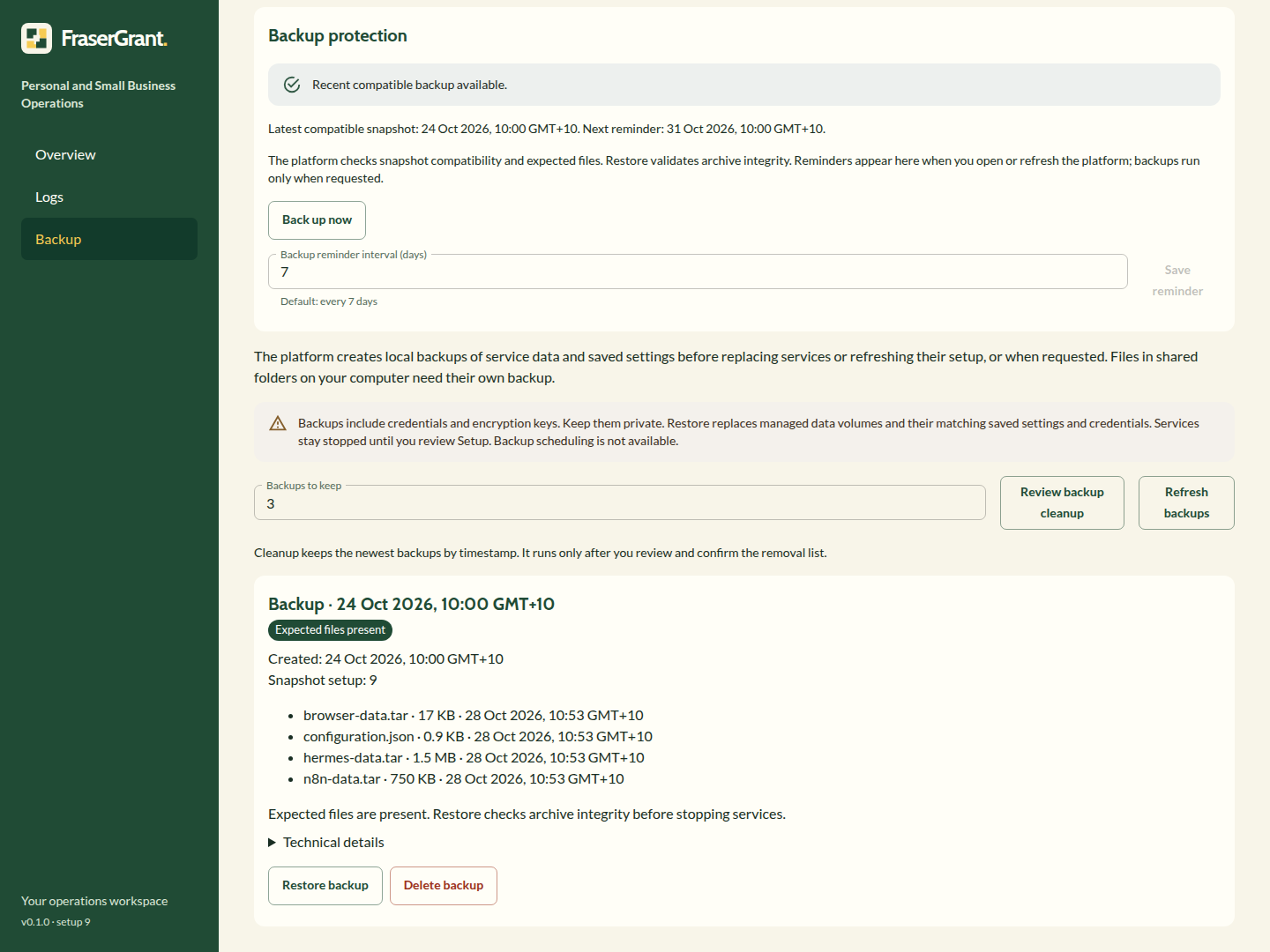 The operations workspace lists saved backups, backup reminders and reviewed recovery controls.