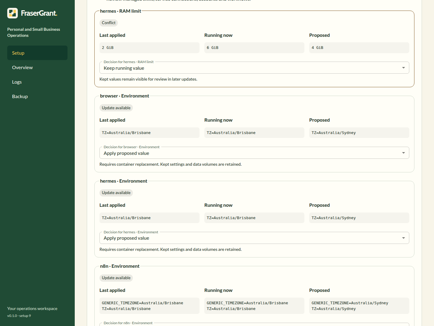 The operations workspace compares last-applied, running and proposed settings before applying a change.