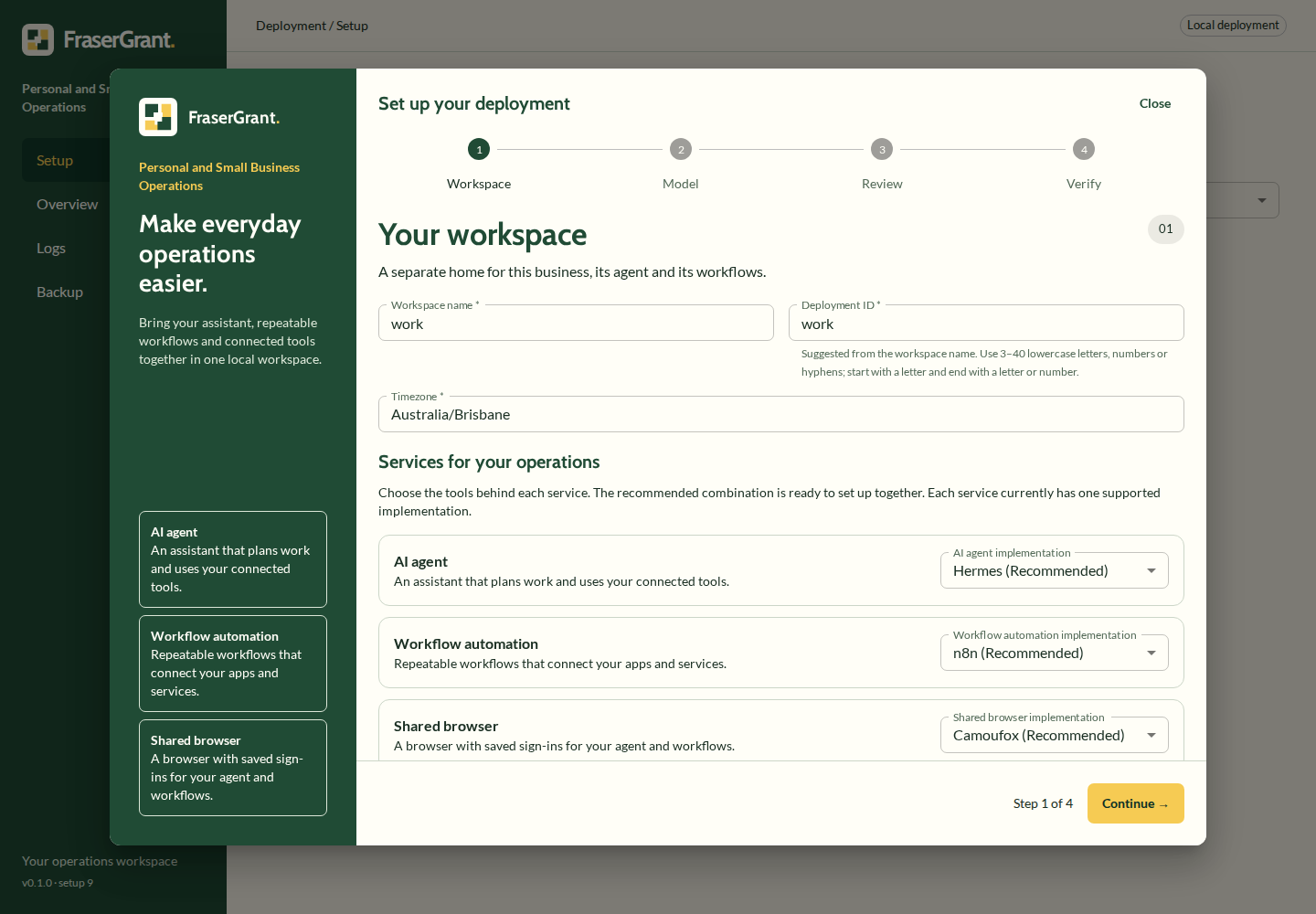 Personal and Small Business Operations setup, with AI agent, workflow automation and shared browser implementation choices.